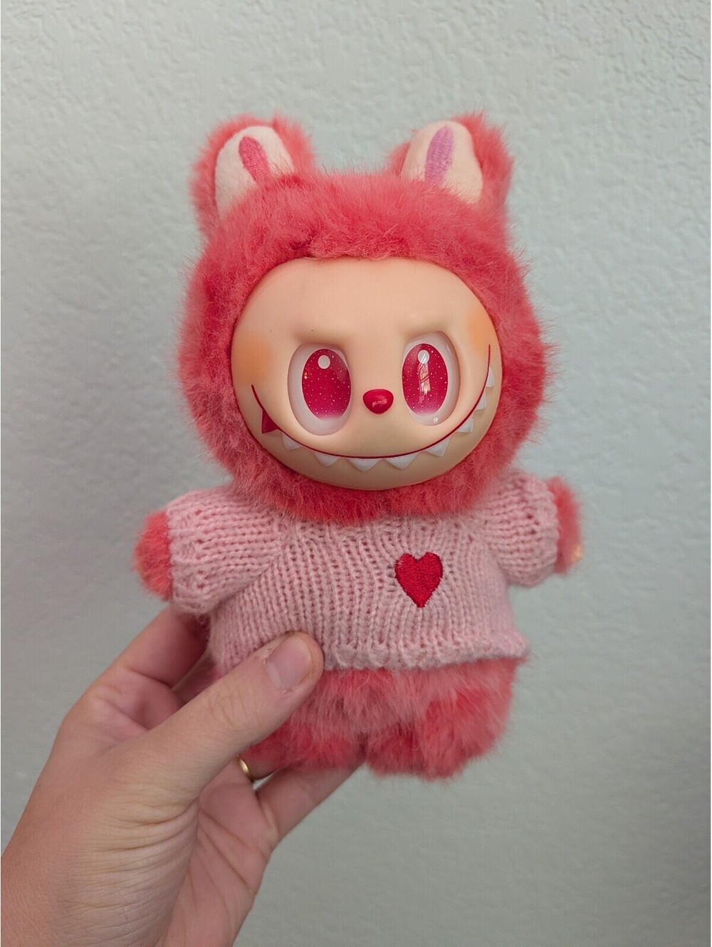The Monsters POP MART Pink Labubu Plush Doll Heart Sweater